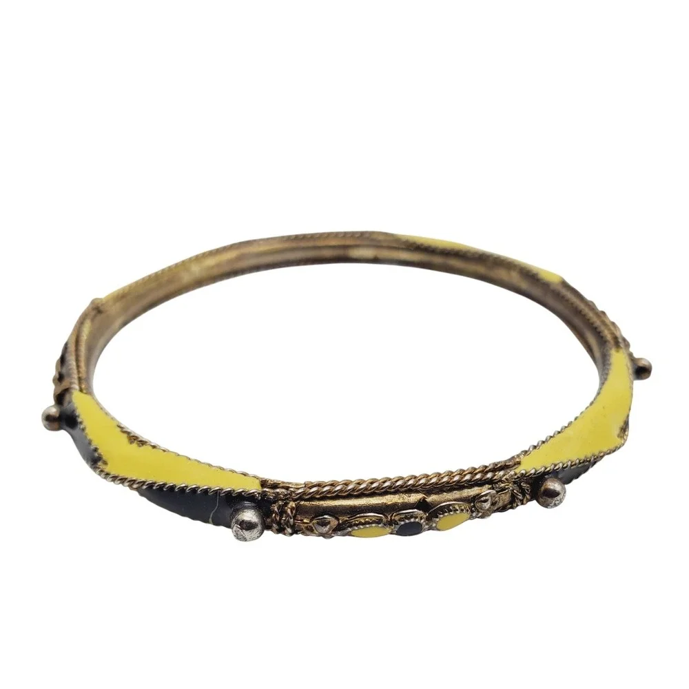 Vintage‎ Bangle Bracelet Black Yellow Enamel Harlequin Diamond Pattern Geometric